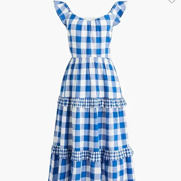 J. Crew Factory | Dresses | Jcrew Factory Flutter Sleeve Ruffle Tiered Midi  Dress In Blue Gingham Size Xs | Poshmark